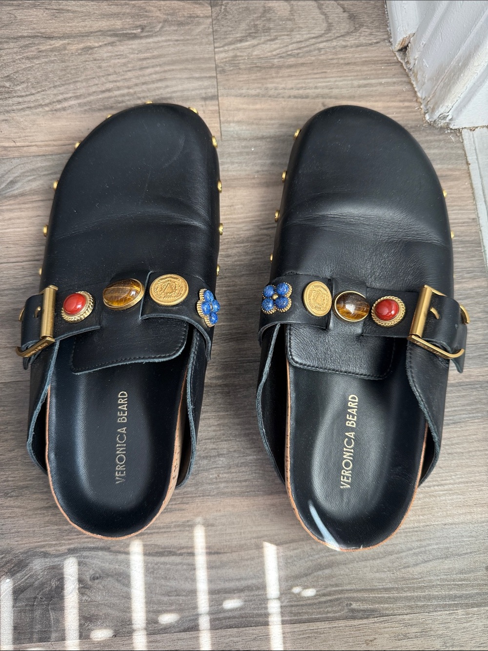 Veronica Beard Black Leather Embellished Clogs with Multicolor Gems